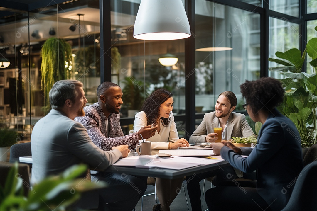 Uma equipe de negócios diversificada em uma reunião de brainstorming em um escritório moderno e bem iluminado