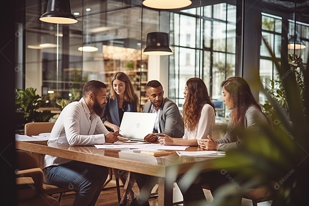 Uma equipe de negócios diversificada em uma reunião de brainstorming em um escritório moderno e bem iluminado