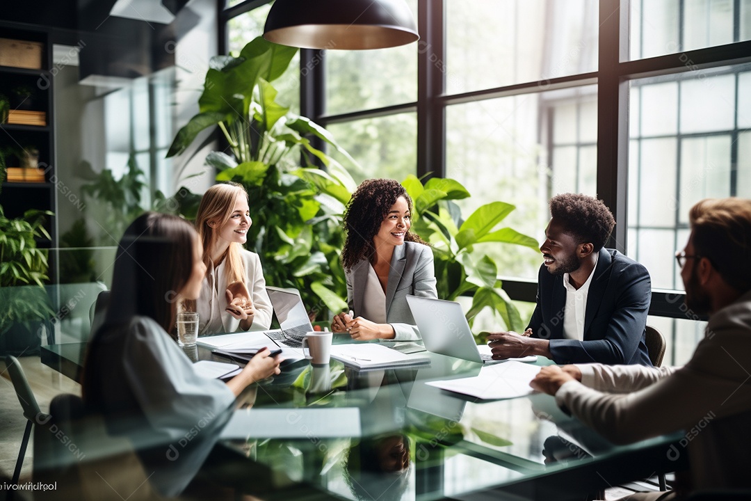 Uma equipe de negócios diversificada em uma reunião de brainstorming em um escritório moderno e bem iluminado