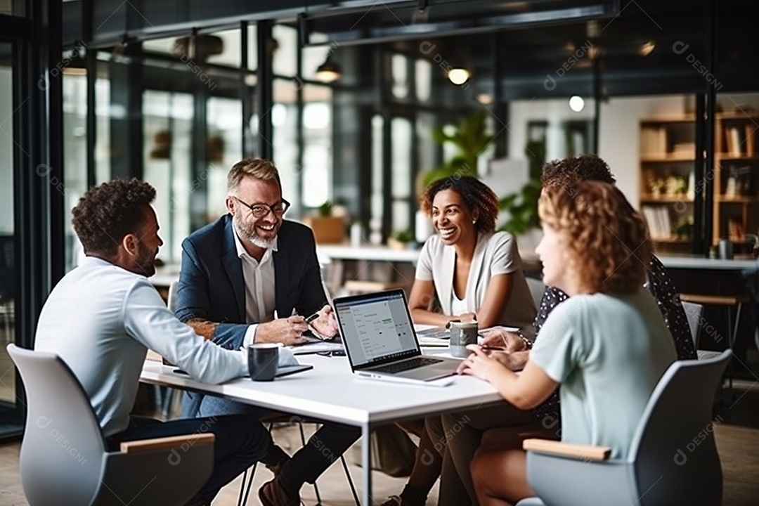 Uma equipe de negócios diversificada em uma reunião de brainstorming em um escritório moderno e bem iluminado