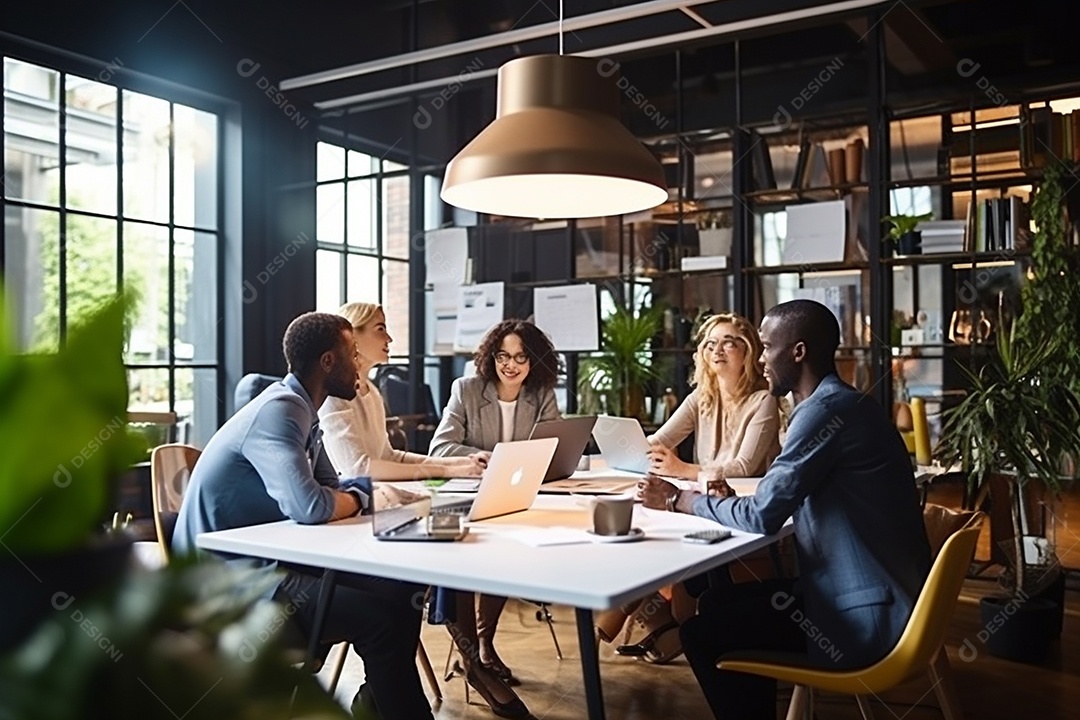 Uma equipe de negócios diversificada em uma reunião de brainstorming em um escritório moderno e bem iluminado