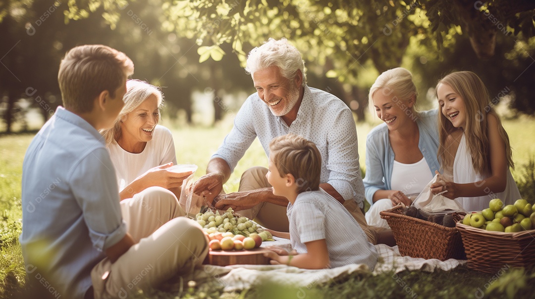 Uma família desfrutando de um piquenique no parque