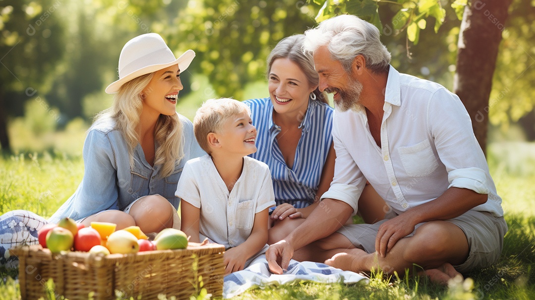 Uma família desfrutando de um piquenique no parque