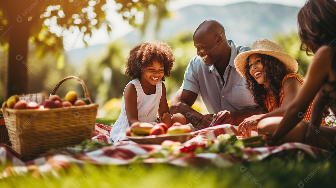 Uma família desfrutando de um piquenique no parque