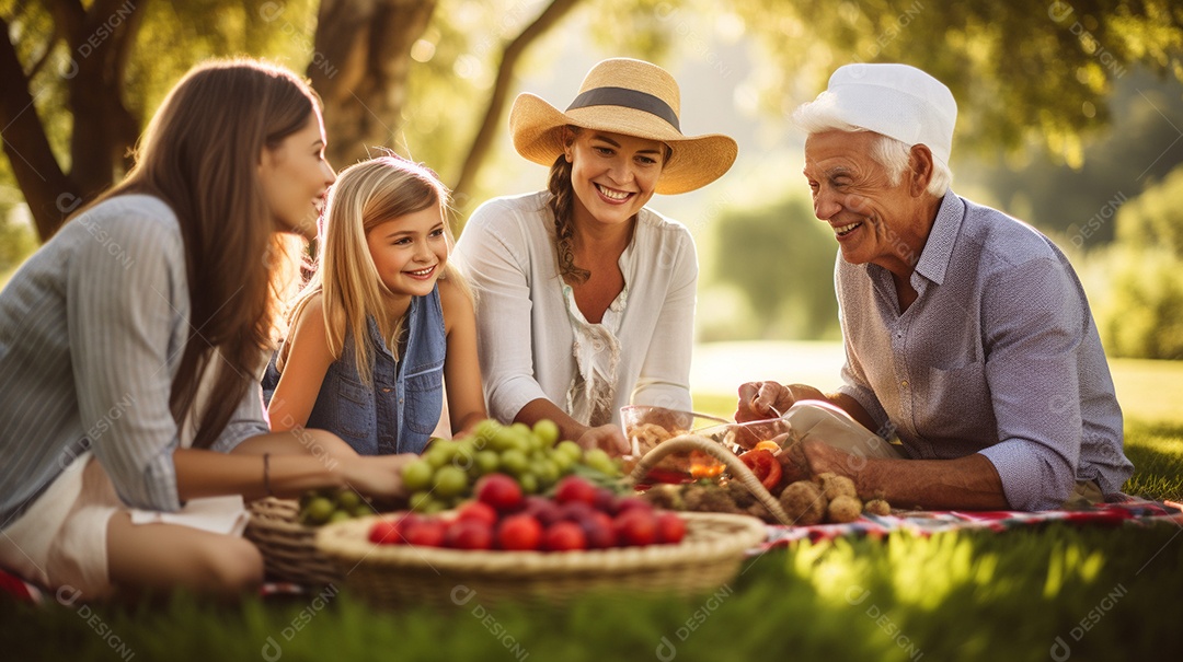 Uma família desfrutando de um piquenique no parque