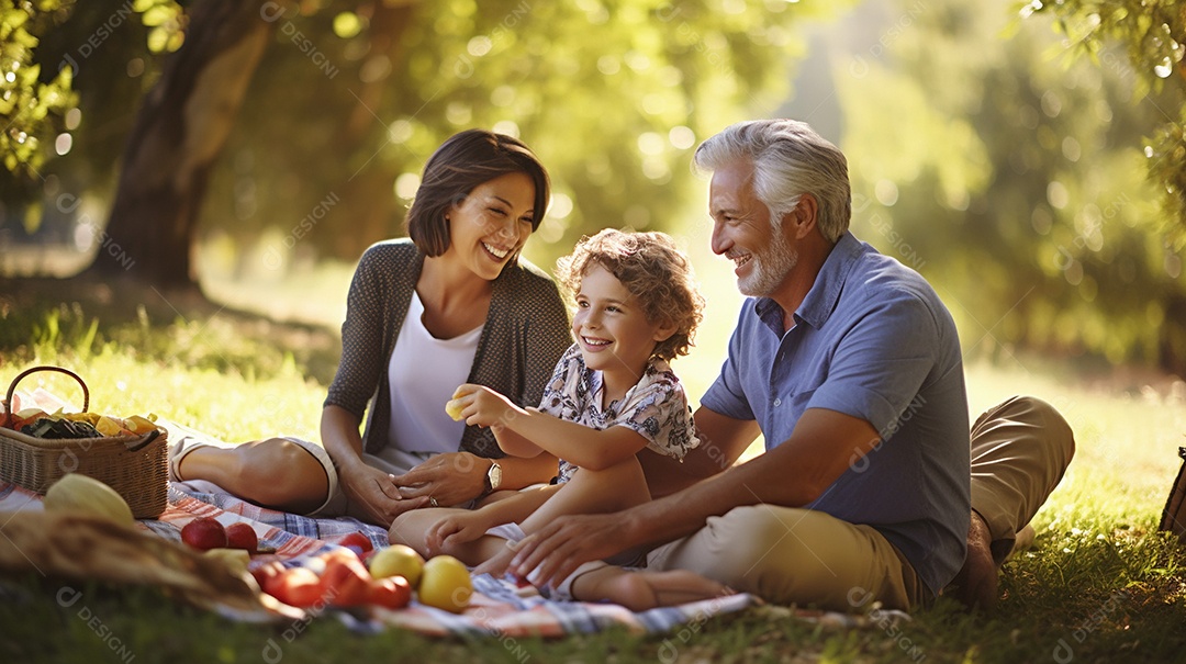 Uma família desfrutando de um piquenique no parque