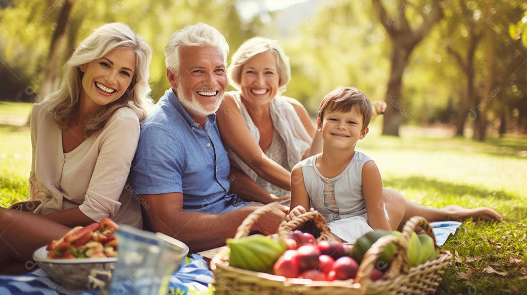 Uma família desfrutando de um piquenique no parque