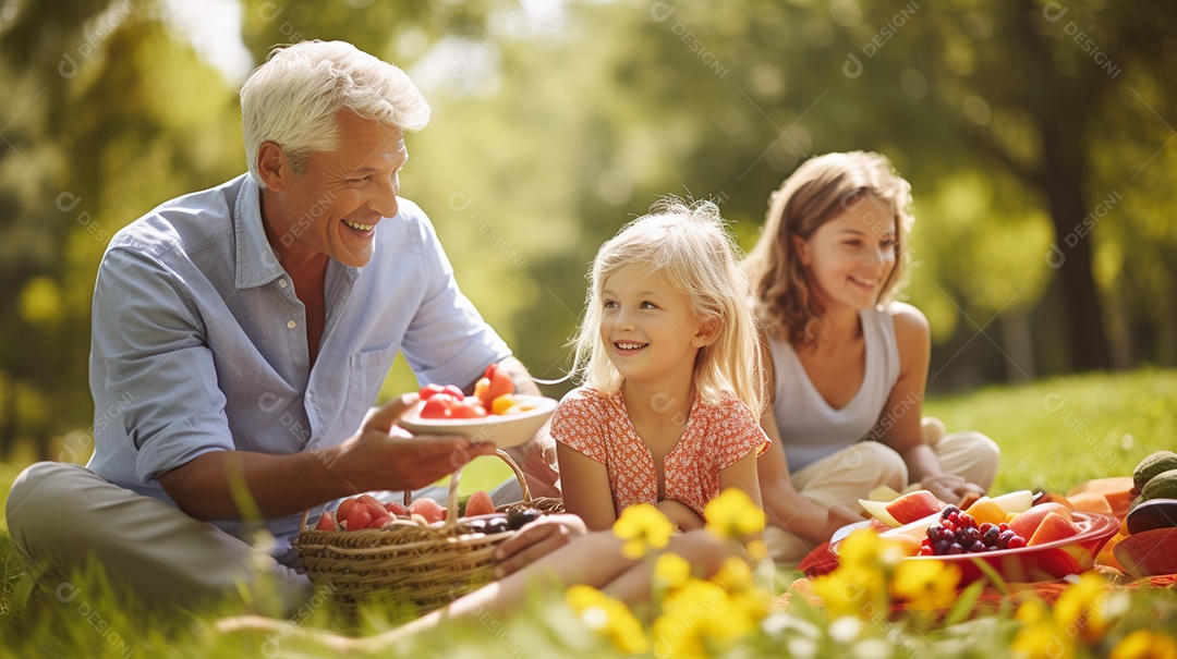 Uma família desfrutando de um piquenique no parque