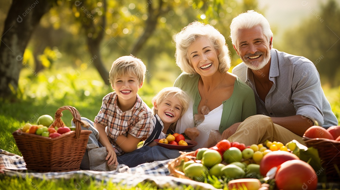 Uma família desfrutando de um piquenique no parque