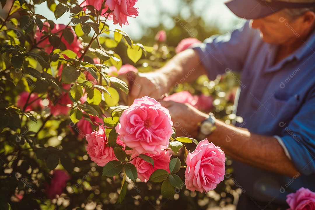 Um jardineiro podando rosas cuidadosamente com mãos gentis e experientes