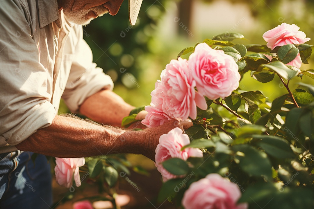 Um jardineiro podando rosas cuidadosamente com mãos gentis e experientes