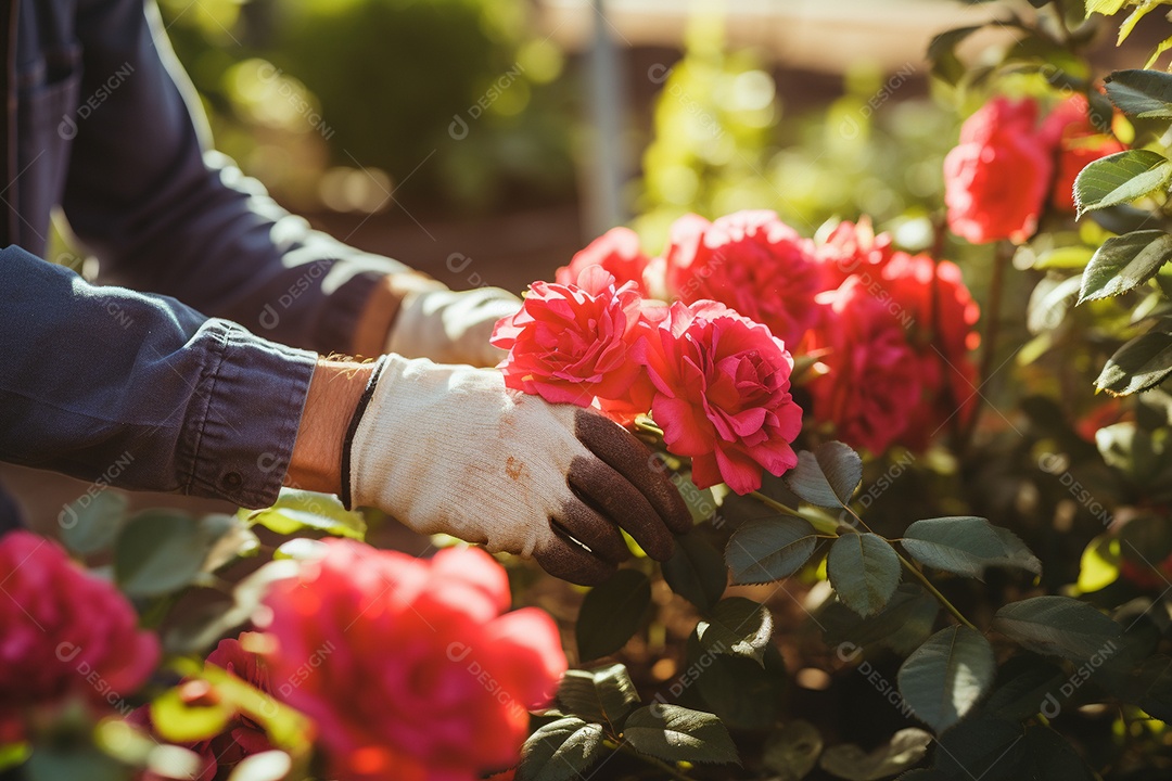 Um jardineiro podando rosas cuidadosamente com mãos gentis e experientes