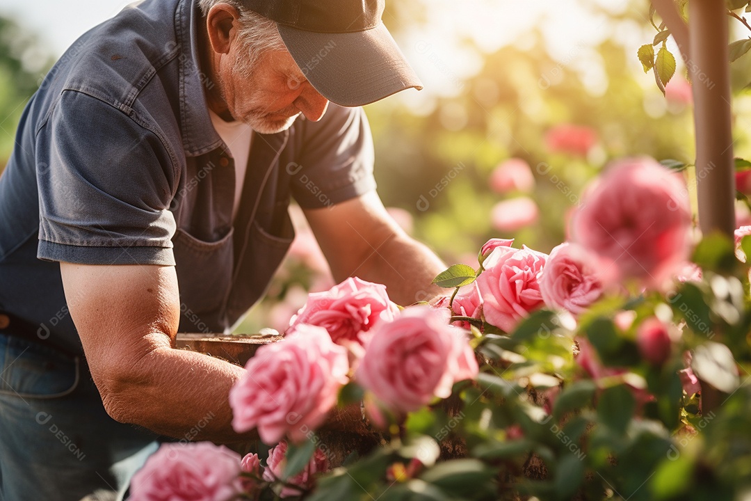 Um jardineiro podando rosas cuidadosamente com mãos gentis e experientes