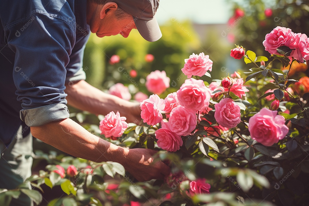 Um jardineiro podando rosas cuidadosamente com mãos gentis e experientes