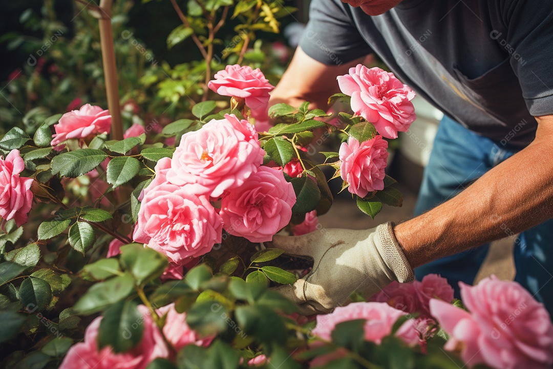 Um jardineiro podando rosas cuidadosamente com mãos gentis e experientes