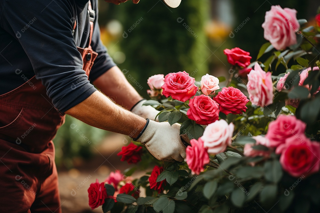 Um jardineiro podando rosas cuidadosamente com mãos gentis e experientes