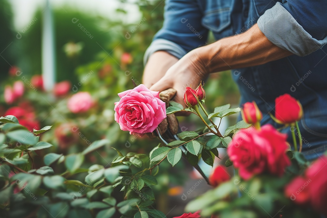 Um jardineiro podando rosas cuidadosamente com mãos gentis e experientes