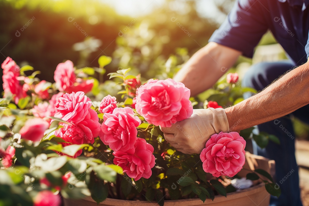 Um jardineiro podando rosas cuidadosamente com mãos gentis e experientes