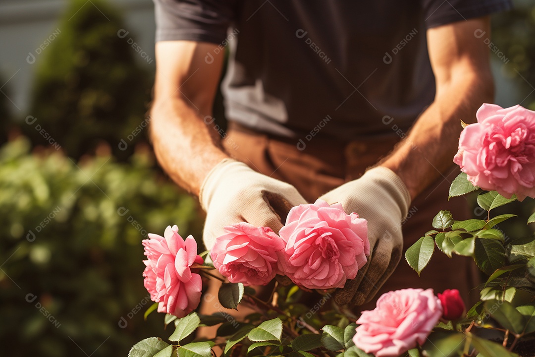 Um jardineiro podando rosas cuidadosamente com mãos gentis e experientes