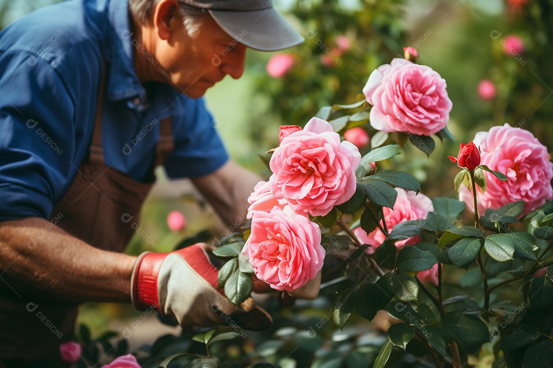 Um jardineiro podando rosas cuidadosamente com mãos gentis e experientes