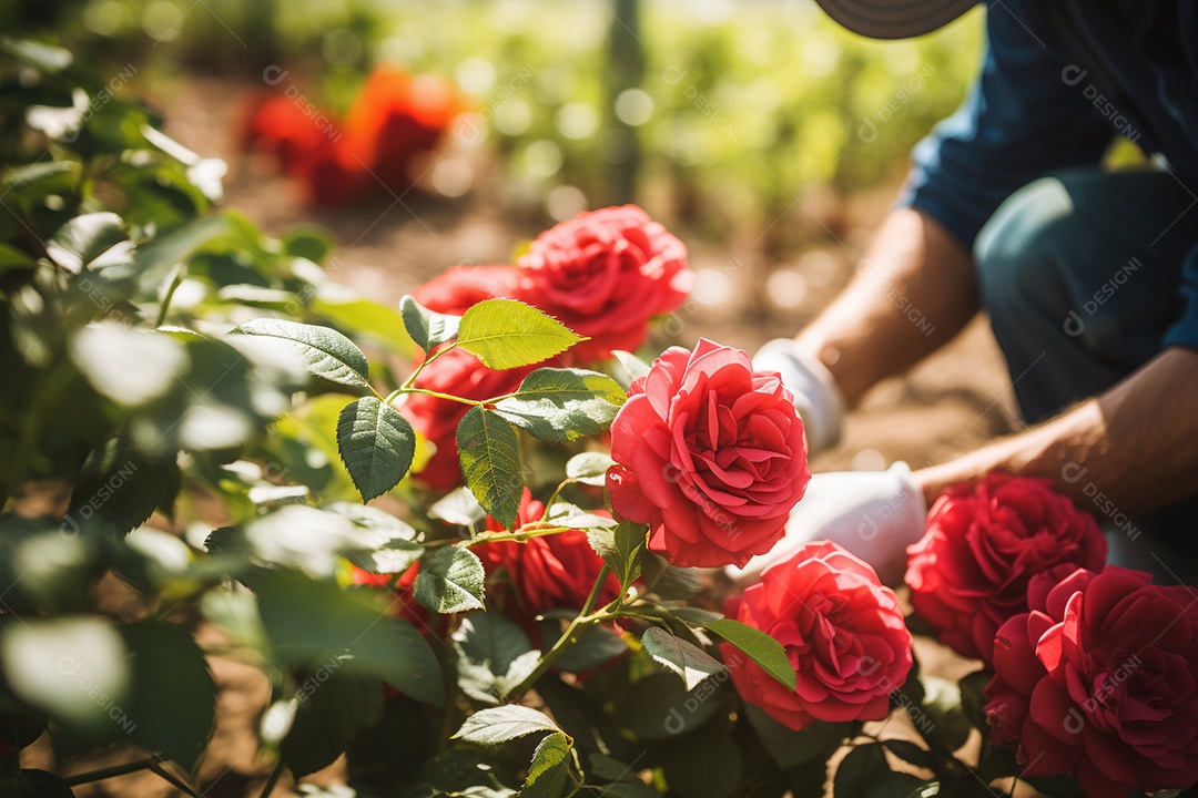 Um jardineiro podando rosas cuidadosamente com mãos gentis e experientes