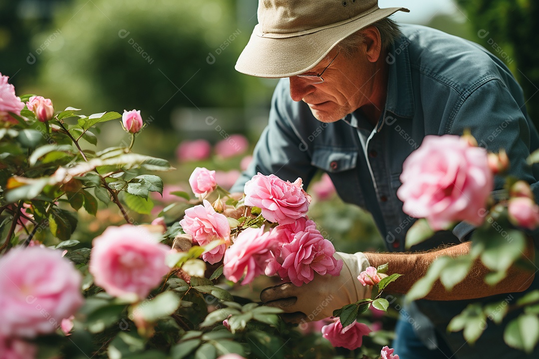 Um jardineiro podando rosas cuidadosamente com mãos gentis e experientes