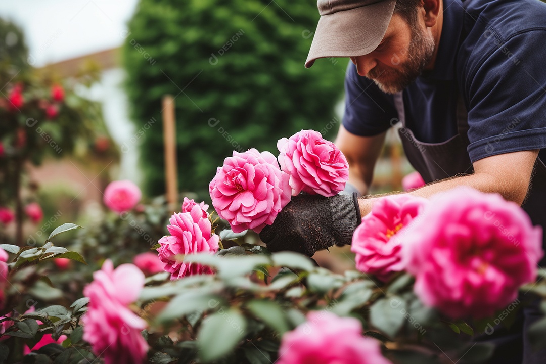 Um jardineiro podando rosas cuidadosamente com mãos gentis e experientes