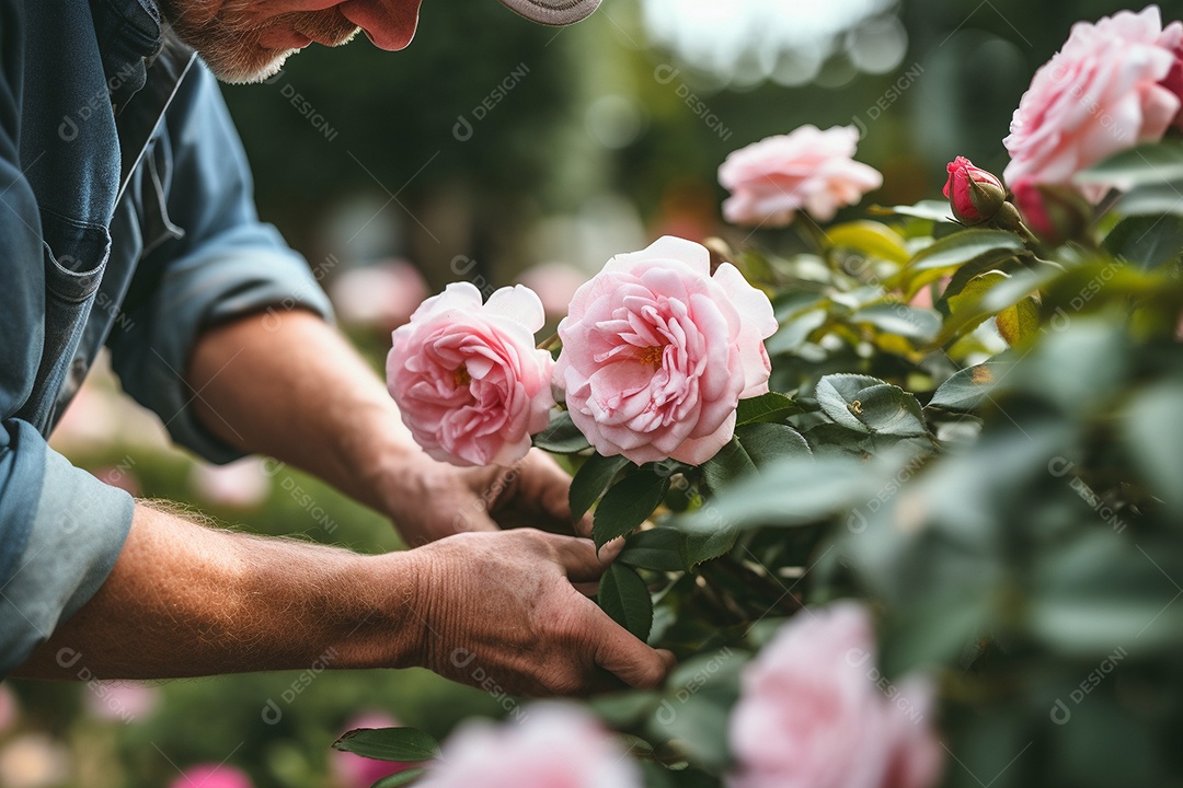 Um jardineiro podando rosas cuidadosamente com mãos gentis e experientes