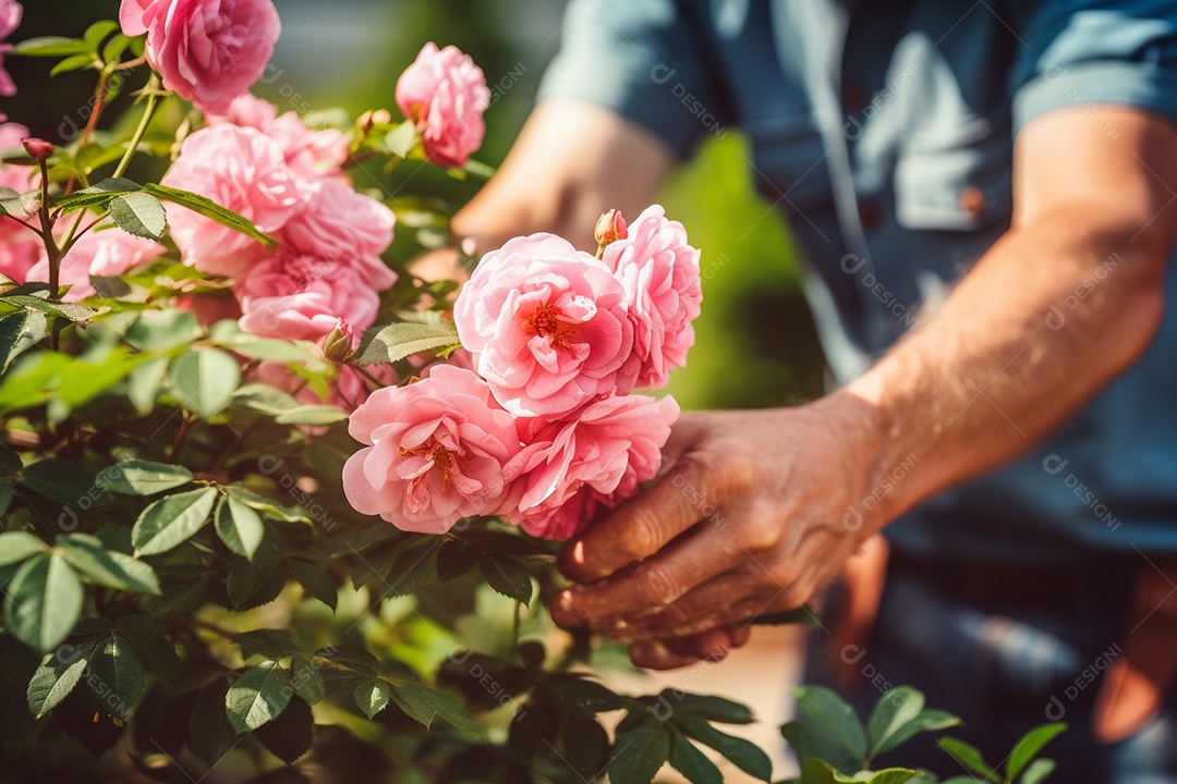 Um jardineiro podando rosas cuidadosamente com mãos gentis e experientes