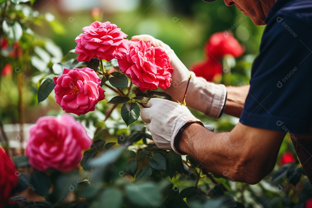 Um jardineiro podando rosas cuidadosamente com mãos gentis e experientes