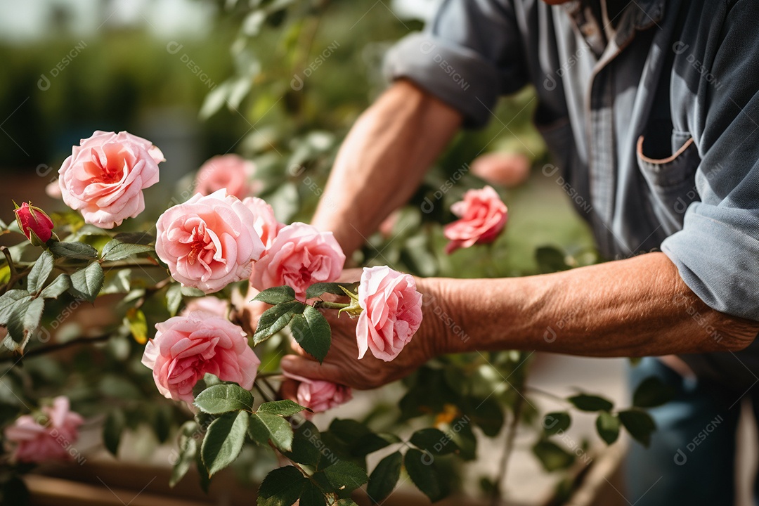 Um jardineiro podando rosas cuidadosamente com mãos gentis e experientes