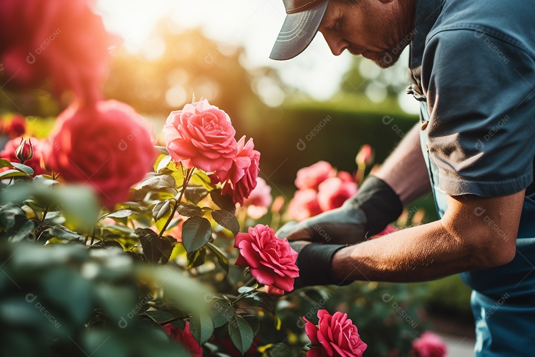 Um jardineiro podando rosas cuidadosamente com mãos gentis e experientes