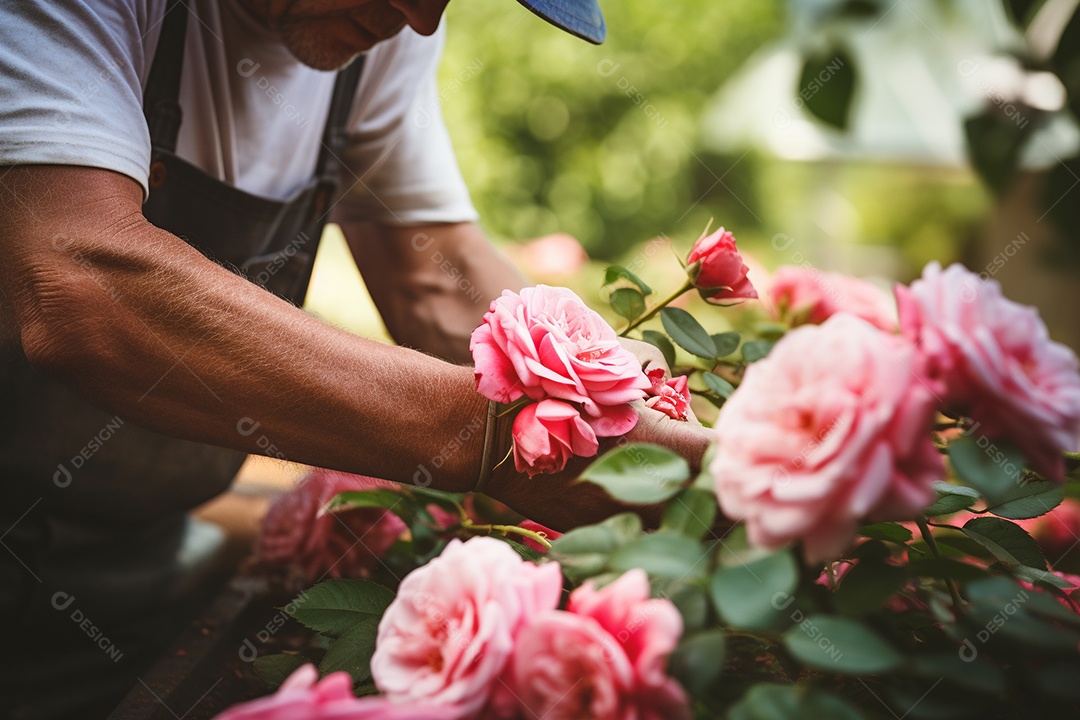 Um jardineiro podando rosas cuidadosamente com mãos gentis e experientes