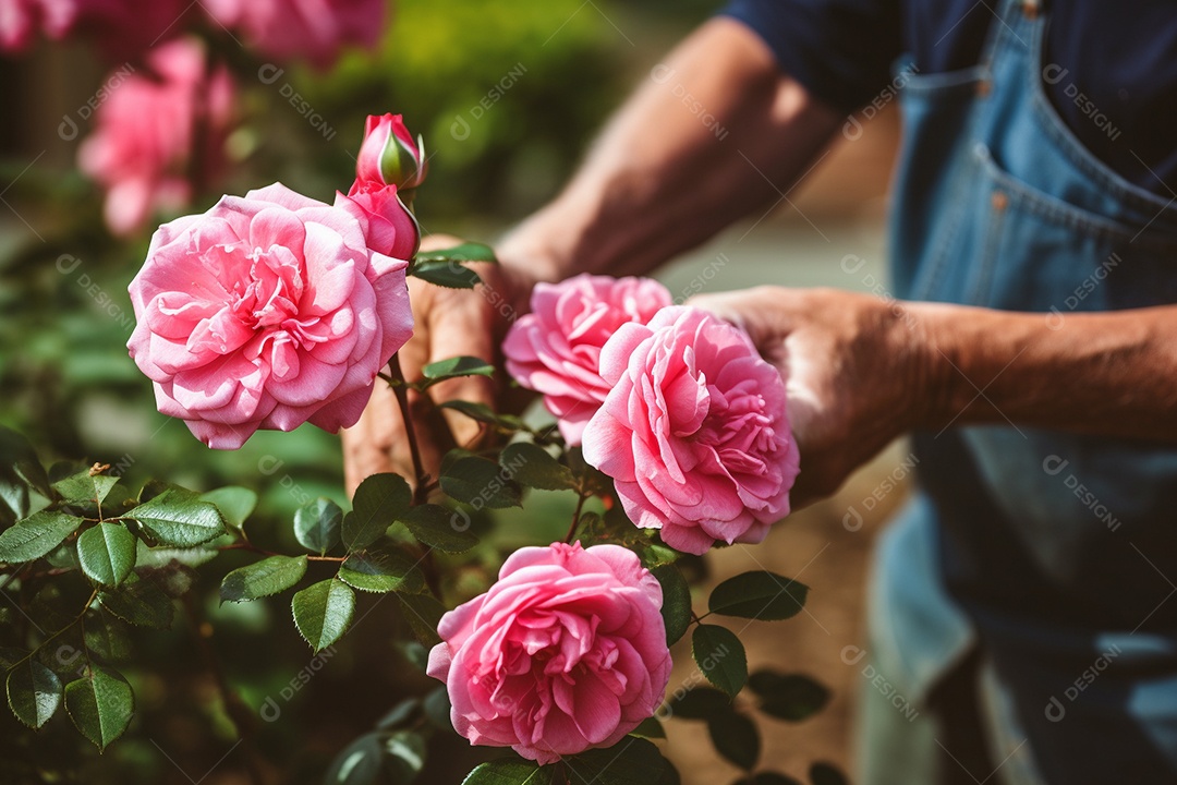 Um jardineiro podando rosas cuidadosamente com mãos gentis e experientes