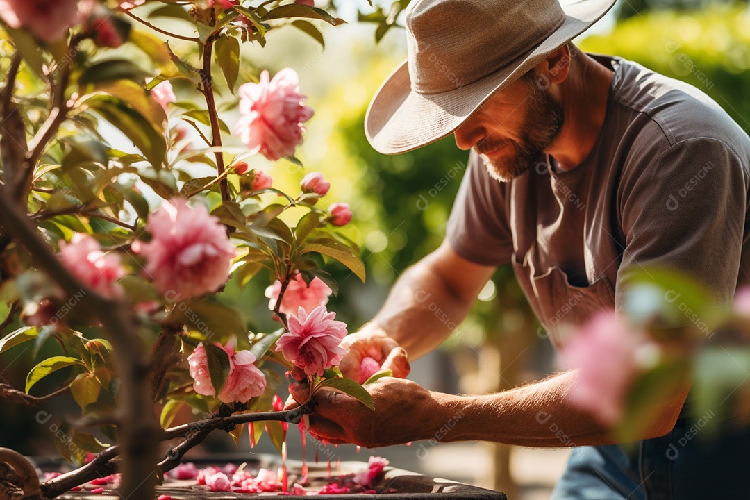 Um jardineiro podando rosas cuidadosamente com mãos gentis e experientes