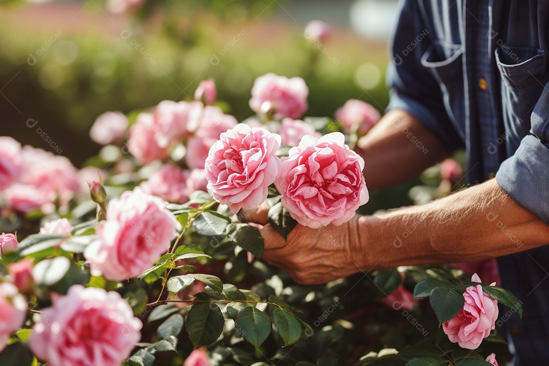 Um jardineiro podando rosas cuidadosamente com mãos gentis e experientes