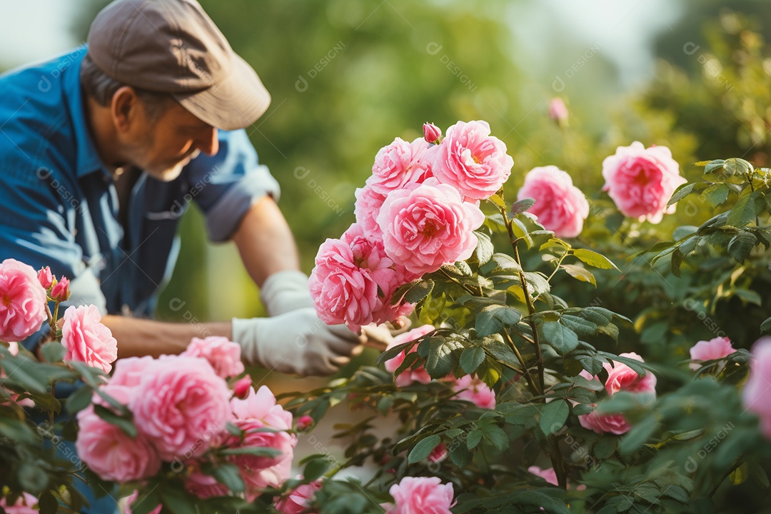 Um jardineiro podando rosas cuidadosamente com mãos gentis e experientes