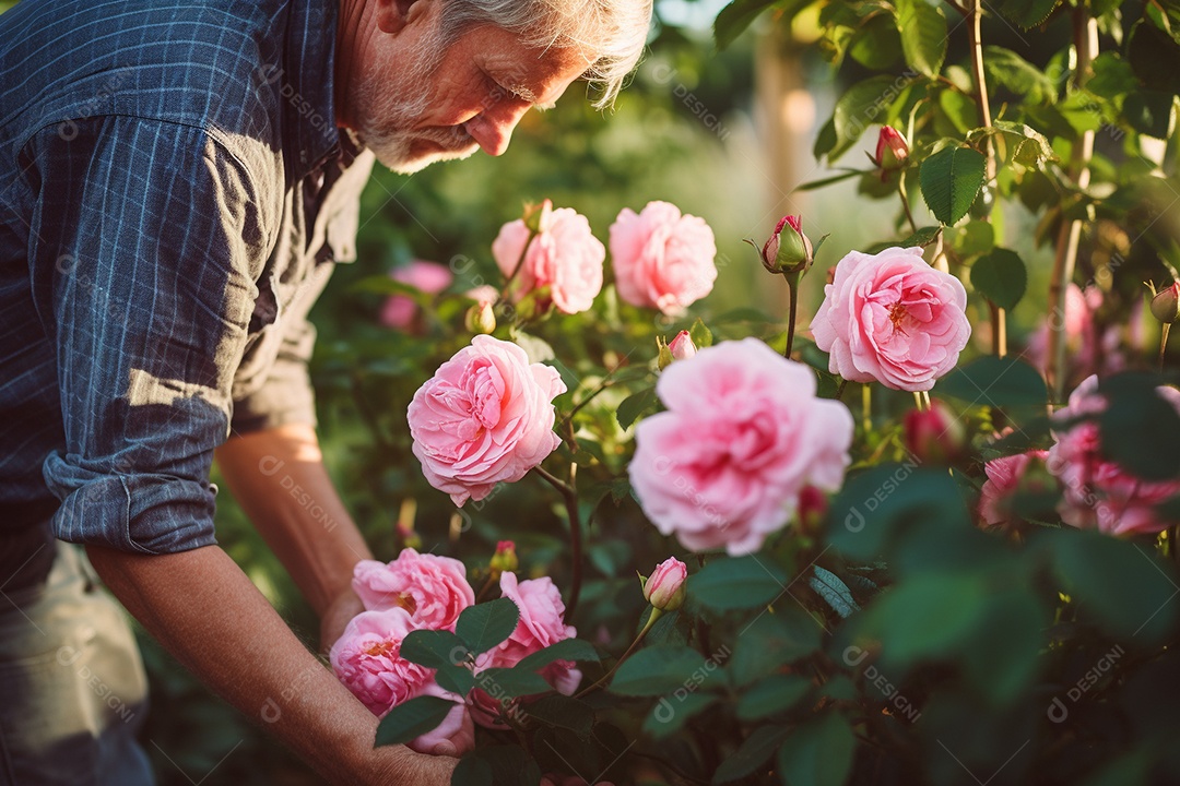 Um jardineiro podando rosas cuidadosamente com mãos gentis e experientes