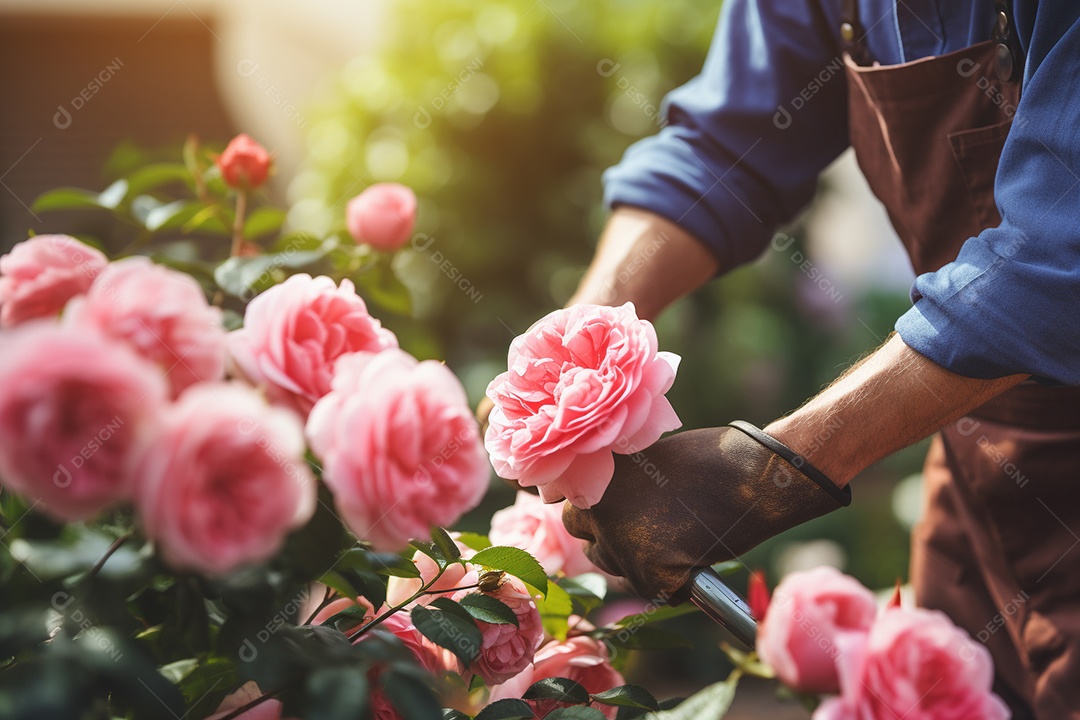 Um jardineiro podando rosas cuidadosamente com mãos gentis e experientes