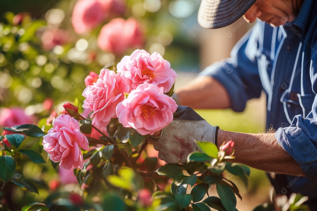 Um jardineiro podando rosas cuidadosamente com mãos gentis e experientes