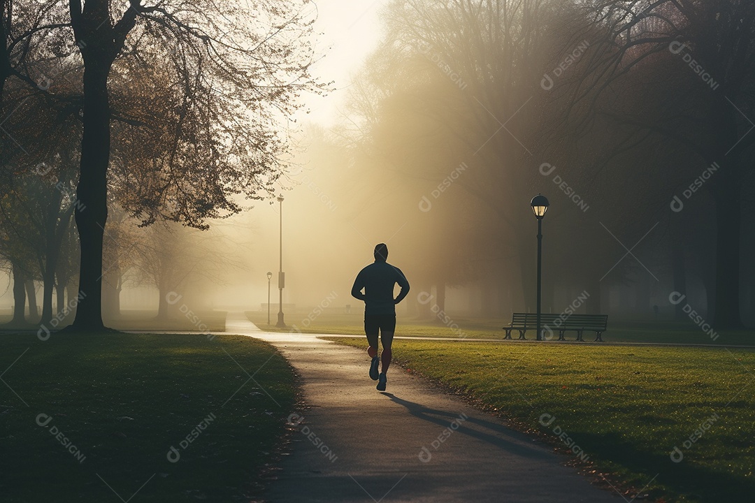 Um corredor correndo continuamente por um parque matinal enevoado