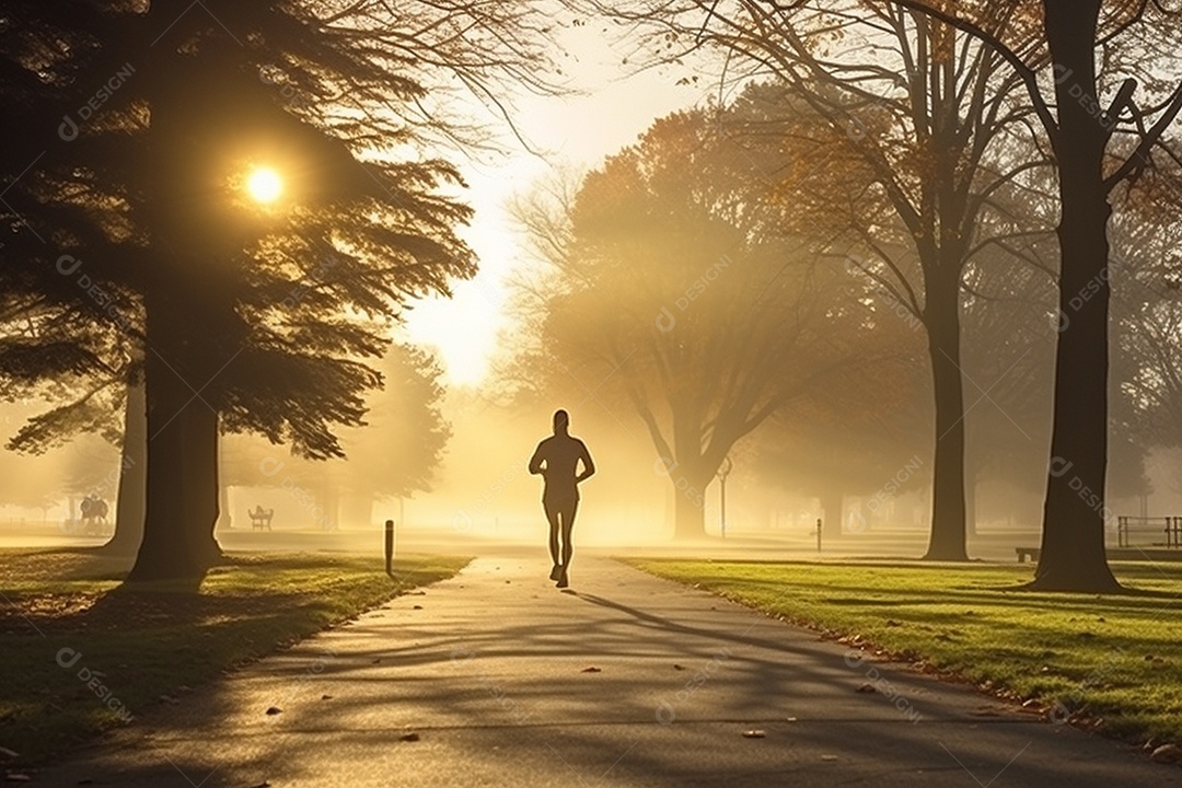 Um corredor correndo continuamente por um parque matinal enevoado