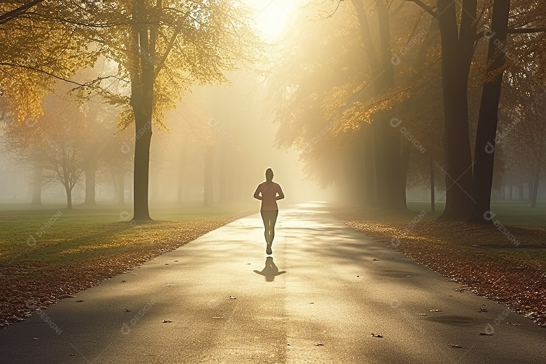 Um corredor correndo continuamente por um parque matinal enevoado