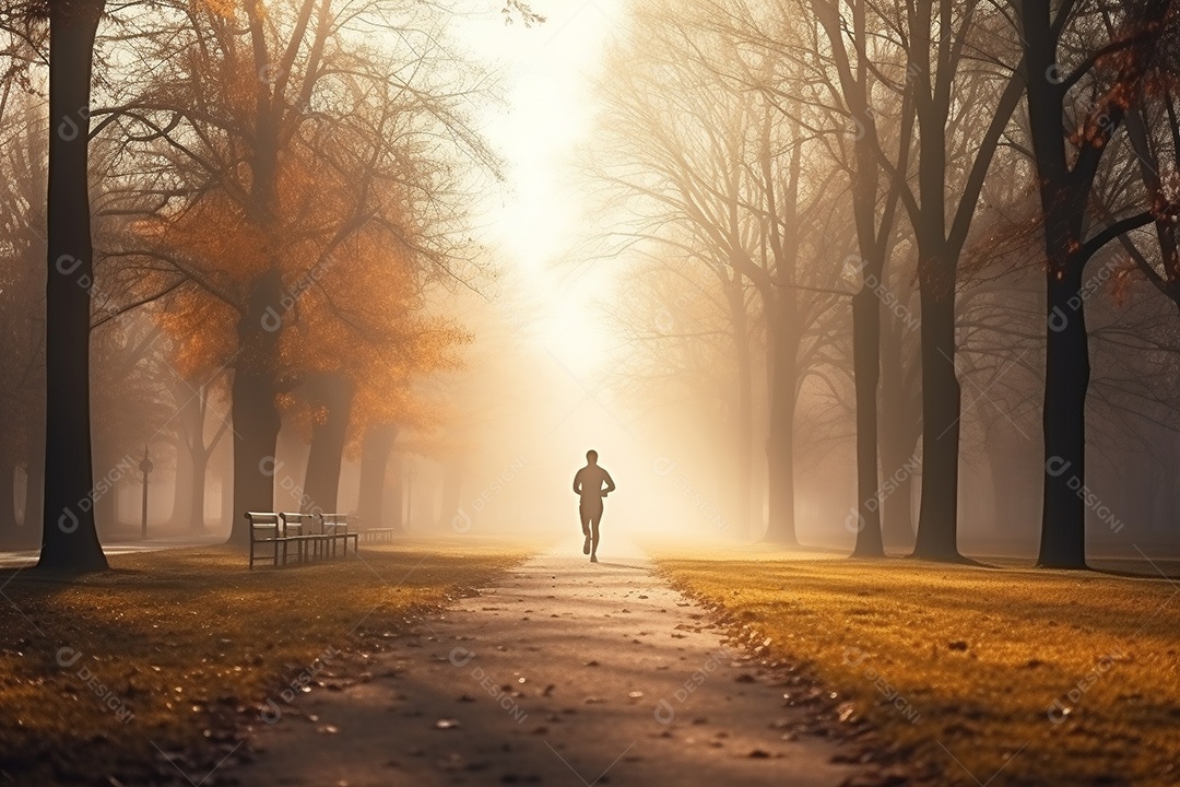 Um corredor correndo continuamente por um parque matinal enevoado