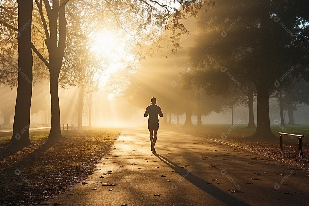Um corredor correndo continuamente por um parque matinal enevoado