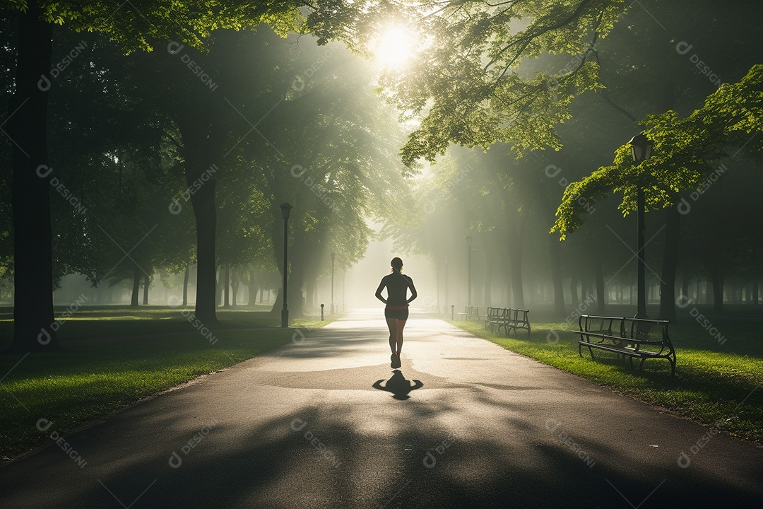 Um corredor correndo continuamente por um parque matinal enevoado