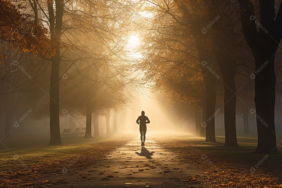 Um corredor correndo continuamente por um parque matinal enevoado