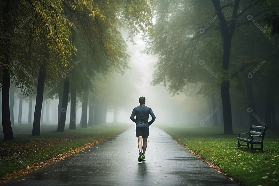 Um corredor correndo continuamente por um parque matinal enevoado