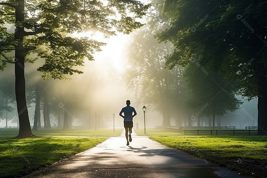 Um corredor correndo continuamente por um parque matinal enevoado