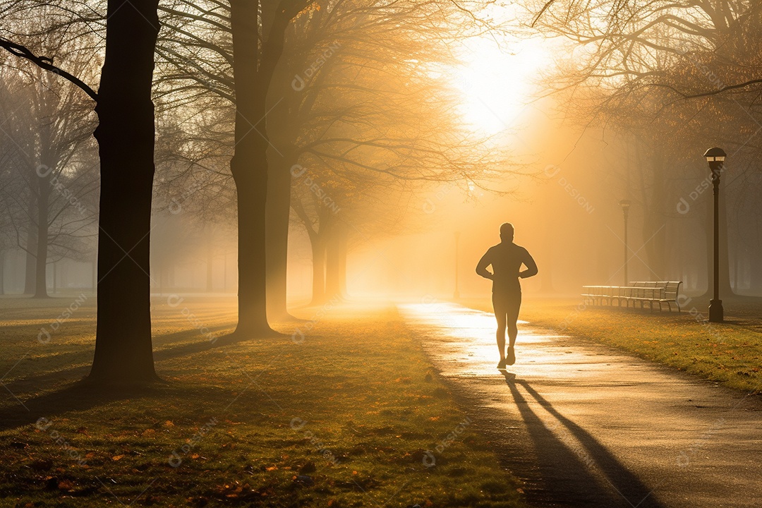 Um corredor correndo continuamente por um parque matinal enevoado
